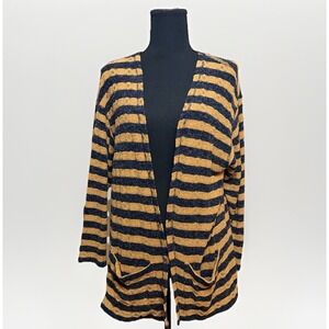 VTG Max Studio Sport‎ Striped Textured 3/4 Sleeve Navy Blue Mustard Yellow Small